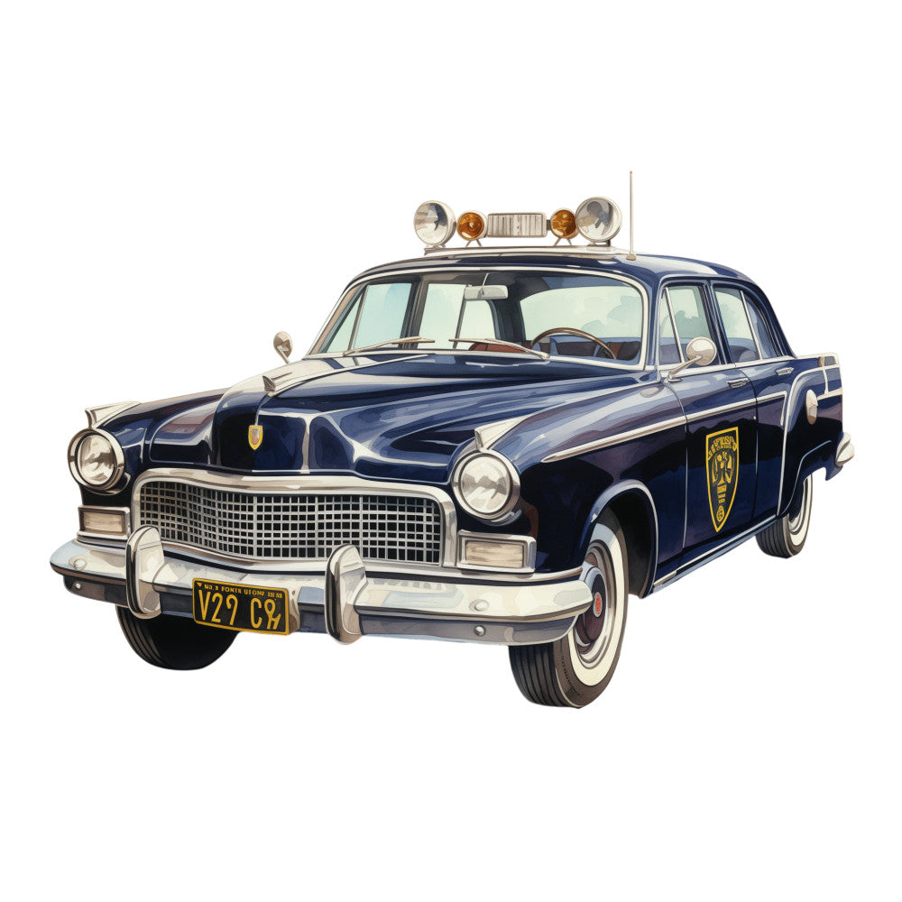 navy blue, cream, gold, vintage, police car, retro, 1950s, classic cars, american cars, automobiles, transportation, nostalgia, mid-century, whimsical, novelty, vehicles, patrol car, badge, lights, sirens, kitsch, Americana, boy themed, collectible, conversation starter, pop culture, iconic