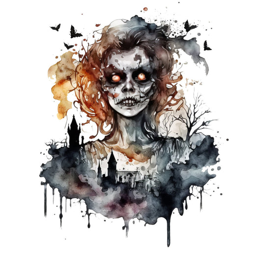 skull, skeleton, gothic, halloween, spooky, horror, dark academia, watercolor, abstract, burnt orange, charcoal gray, cream, black, moody, haunted castle, bare trees, bats, glowing eyes, autumn, fall, dark aesthetic, goth, macabre, dramatic, mystical, creepy, eerie, wall hanging, decorative panel, home decor