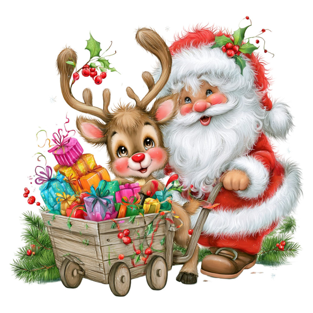 santa claus, reindeer, christmas, holiday, festive, red and white, forest green, coral pink, gold accents, whimsical, vintage, nostalgic, gift cart, presents, holly berries, red nose reindeer, jolly, traditional christmas, winter, seasonal, character panel, children's, cute animals, charming, decorative, heartwarming, classic christmas, red suit, white beard