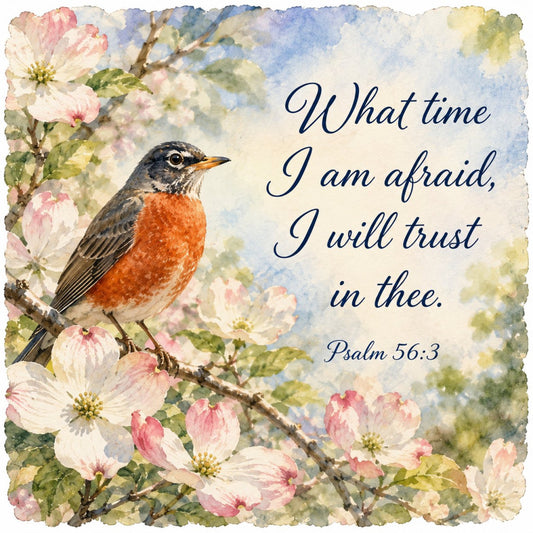 robin, bird, spring flowers, cherry blossoms, floral, nature, inspirational quote, scripture, psalm, watercolor, vintage, botanical, pink blossoms, cream, soft blue, dusty blue, rust orange, sage green, elegant, traditional, whimsical, peaceful, spiritual, faith-based, wall hanging, decorative panel, soft colors, pastel, garden theme