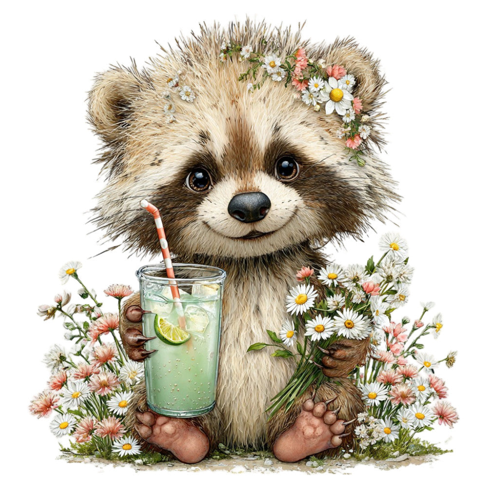 cute animal, woodland creature, raccoon, flower crown, daisy, coral pink, cream, tan, brown, sage green, whimsical, nature, floral, spring, summer, botanical, adorable, children's, baby, sweet, playful, illustration art, detailed, animal lover, nursery, wall art, home decor, girly