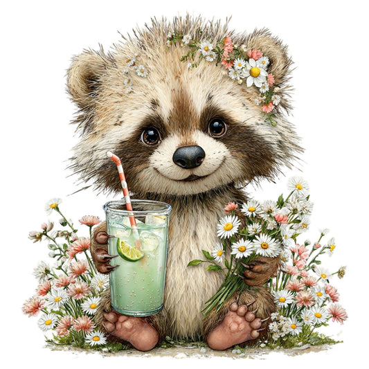 cute animal, woodland creature, raccoon, flower crown, daisy, coral pink, cream, tan, brown, sage green, whimsical, nature, floral, spring, summer, botanical, adorable, children's, baby, sweet, playful, illustration art, detailed, animal lover, nursery, wall art, home decor, girly