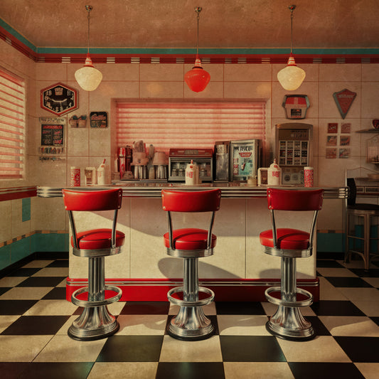 retro diner, 1950s aesthetic, vintage americana, red and cream, chrome accents, nostalgic design, mid-century modern, soda shop, classic diner decor, turquoise and red, checkered floor, retro kitchen, americana style, diner chairs, vintage signage, cream colored, bright red, chrome and steel, retro fashion, timeless design, nostalgic americana, classic american diner, vintage kitchenware, retro color palette, iconic 1950s, diner aesthetic, wall art, home decor