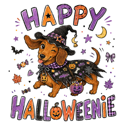 halloween, dachshund, dog, witch hat, festive, purple, orange, black, whimsical, autumn, fall, pumpkin, jack-o-lantern, stars, moon, candy, bat, spider web, plaid, checkered, playful, cheerful, holiday, trick-or-treat, costume, magical, spooky, cute animals, children's, seasonal décor