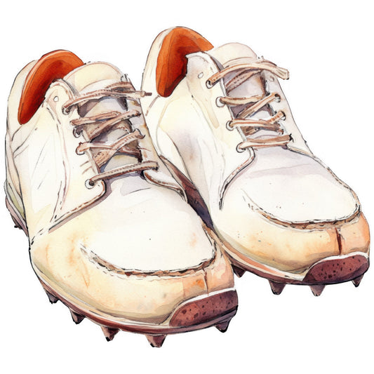 cream, ivory, white, burnt orange, rust, terracotta, brown, tan, beige, vintage sports, baseball cleats, athletic shoes, sports equipment, retro, vintage, nostalgic, americana, whimsical, playful, casual, school days, childhood memories, sports themed, shoe motif, lace-up boots, cleated footwear, boy themed, novelty print, illustration style, watercolor effect