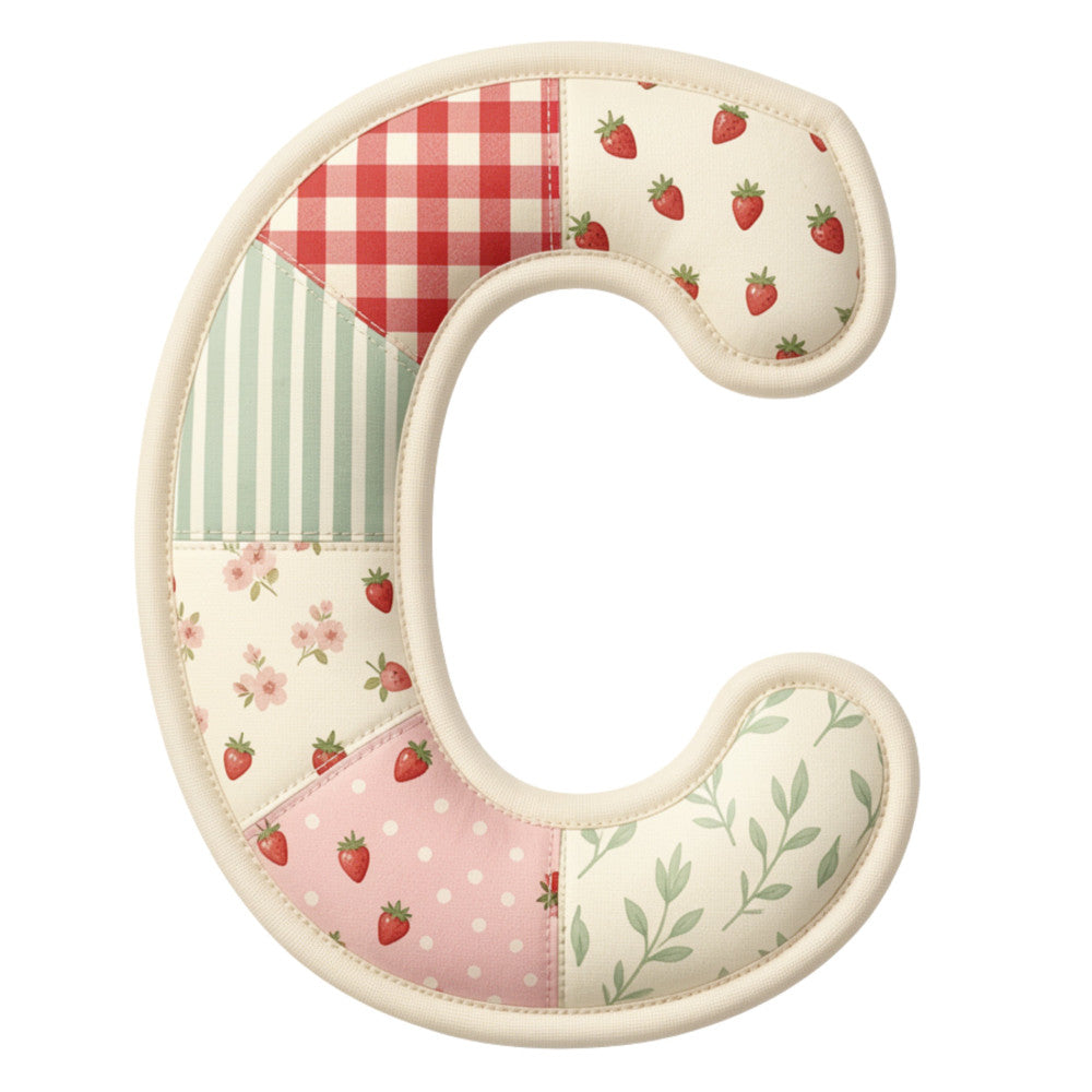 strawberry, red gingham, cream, soft green, pale pink, floral, striped, patchwork, vintage, farmhouse, spring, summer, cottage core, quilt panel, baby quilt, nursery, country, gingham check, botanical, leaves, flowers, polka dot, traditional, whimsical, pastoral, homestead, picnic, rustic, nature-inspired, letter c panel