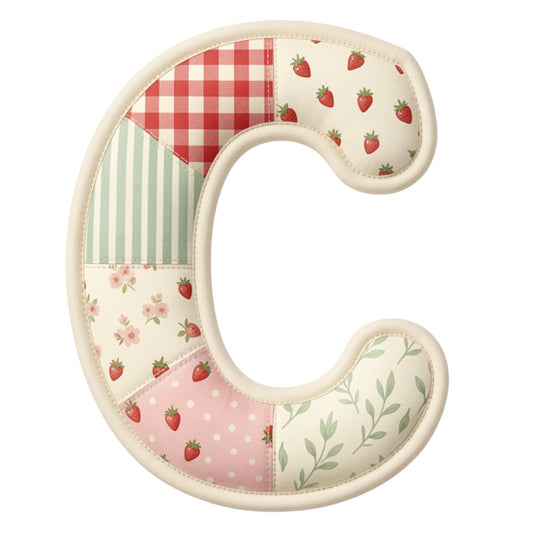 strawberry, red gingham, cream, soft green, pale pink, floral, striped, patchwork, vintage, farmhouse, spring, summer, cottage core, quilt panel, baby quilt, nursery, country, gingham check, botanical, leaves, flowers, polka dot, traditional, whimsical, pastoral, homestead, picnic, rustic, nature-inspired, letter c panel