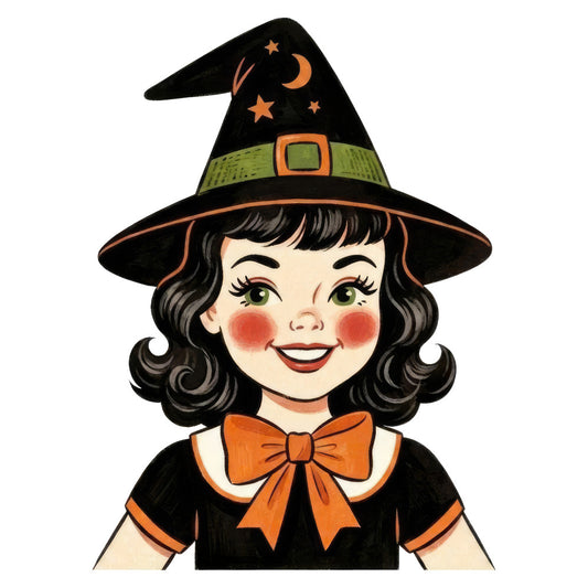 vintage witch, halloween, black, orange, green, celestial, moon, stars, retro, whimsical, nostalgic, witch hat, bow tie, cute, character panel, holiday, autumn, fall, midcentury, classic, cheerful, spooky, magical, night sky, children's, playful, traditional, fabric panel, costume