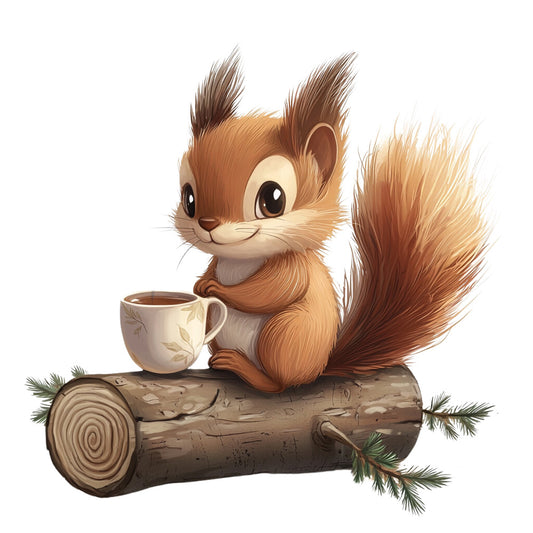 cute squirrel, brown fur, orange tones, cream colored, coffee cup, wooden log, pine needles, tufted ears, bushy tail, whimsical illustration, woodland creature, forest animal, fabric panel, quilting cotton, adorable character, cozy scene, nature themed, warm earth tones, children's fabric, cartoon style