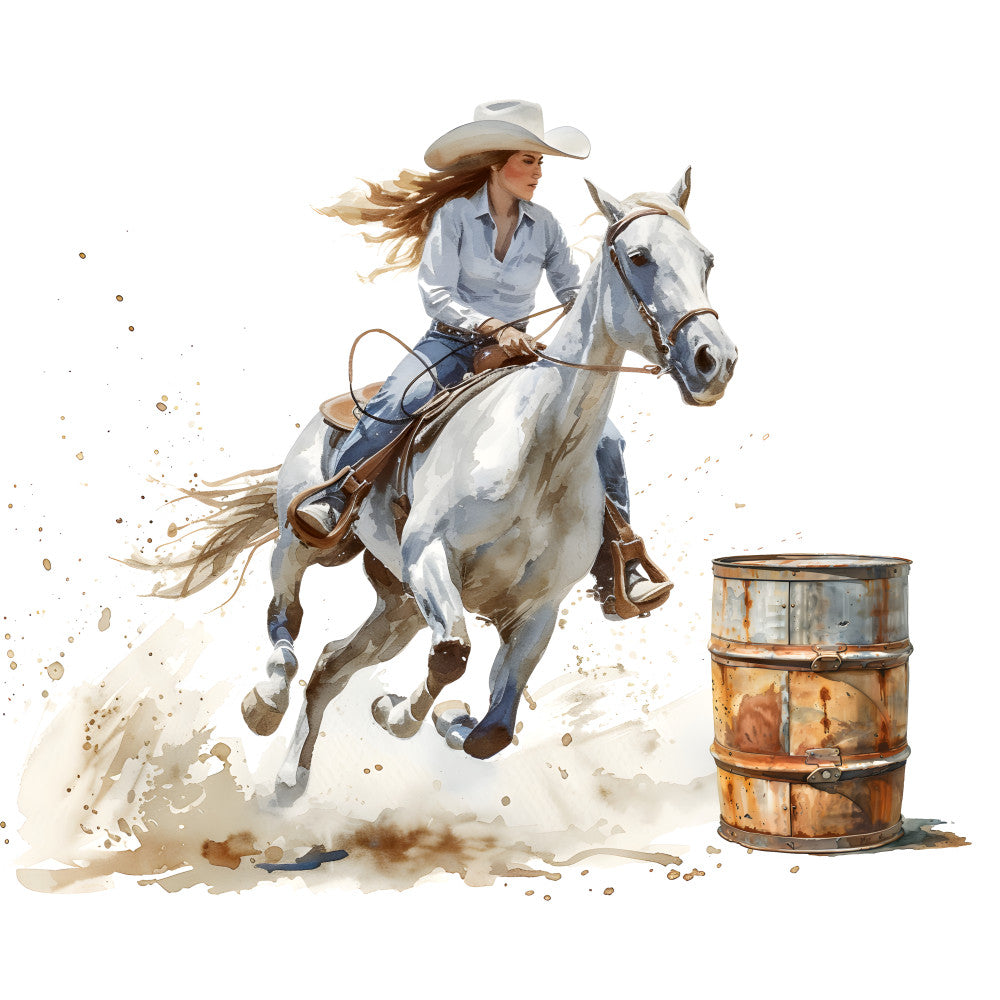 cowgirl, barrel racing, western, rodeo, horse, white horse, cream, light blue, tan, brown, rust, dust, action, dynamic, sport, americana, rustic, farmhouse, country, adventure, female rider, western wear, cowboy hat, lasso, motion, splatter, watercolor style, vintage western, ranch life