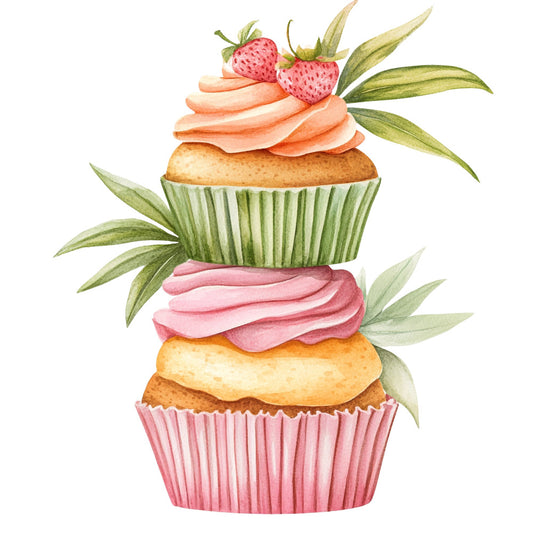 cupcake, strawberry, bakery, dessert, food, sweet treats, coral pink, peach, rose pink, cream, sage green, whimsical, botanical, leaves, nature, spring, summer, playful, feminine, elegant, cake, frosting, berries, garden, decorative, panel design, children's, cheerful