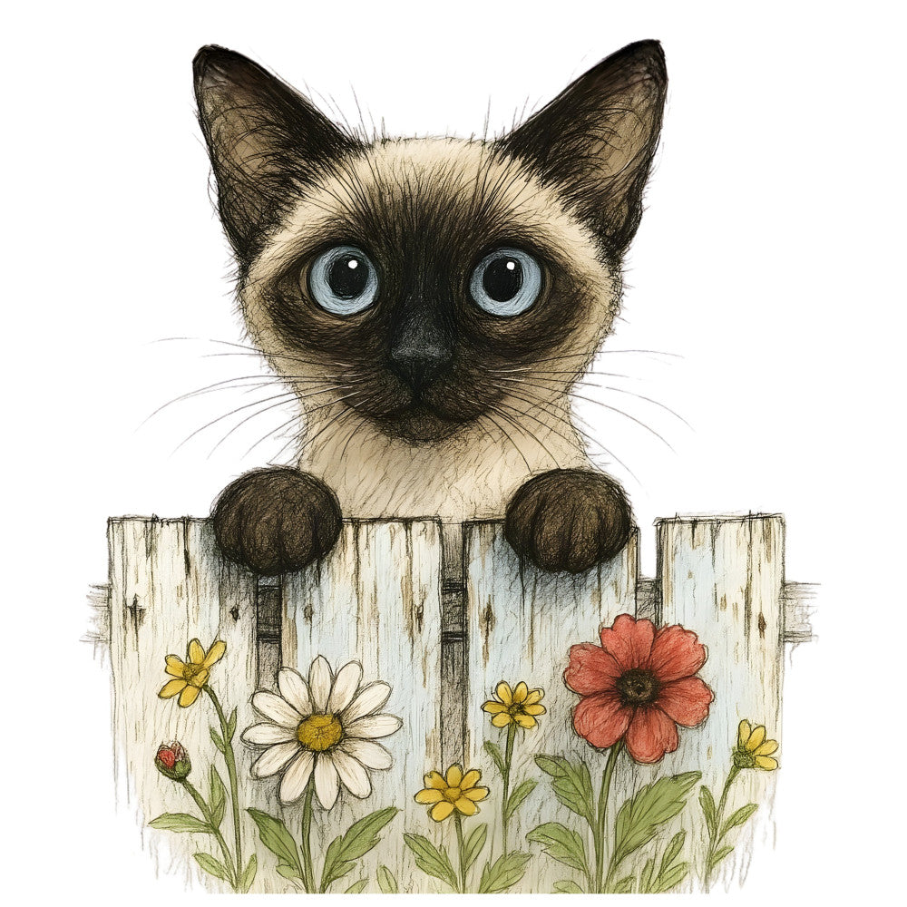 siamese cat, cat face, blue eyes, cream and brown, black and tan, colorpoint, wooden fence, white weathered wood, daisy flowers, yellow flowers, coral pink flowers, floral garden, wildflowers, spring flowers, garden theme, nature, whimsical, charming, cute, animal lover, cat lover, farmhouse style, rustic, vintage illustration, botanical, children's design, nursery theme, soft colors, detailed illustration, folk art style