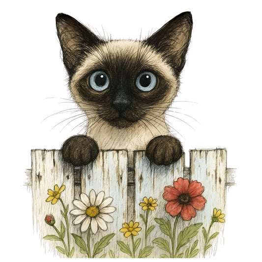 siamese cat, cat face, blue eyes, cream and brown, black and tan, colorpoint, wooden fence, white weathered wood, daisy flowers, yellow flowers, coral pink flowers, floral garden, wildflowers, spring flowers, garden theme, nature, whimsical, charming, cute, animal lover, cat lover, farmhouse style, rustic, vintage illustration, botanical, children's design, nursery theme, soft colors, detailed illustration, folk art style