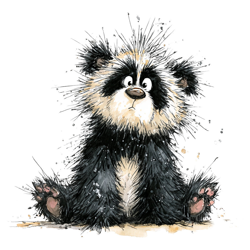 black and white, cream, tan, beige, fluffy animal, shih tzu, dog, puppy, whimsical, cute, playful, children's, kids, baby, watercolor, ink splatter, artistic, expressive, portrait, character design, furry, long-haired dog, pet lover, animal lover, nursery, playroom, casual, cheerful, illustrated