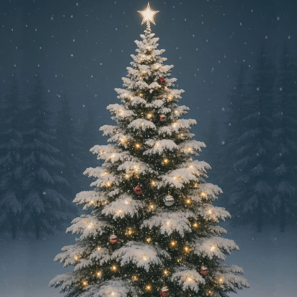 christmas tree, winter scene, snow covered, evergreen, holiday, festive, snowy landscape, star topper, ornaments, gold lights, warm white lights, red ornaments, silver ornaments, winter wonderland, christmas, seasonal, elegant, traditional, forest green, deep blue, cream, white, gold accents, nature, trees, winter forest, christmas decoration, holiday spirit, dark blue sky, snowfall