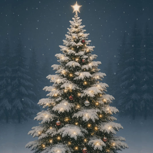 christmas tree, winter scene, snow covered, evergreen, holiday, festive, snowy landscape, star topper, ornaments, gold lights, warm white lights, red ornaments, silver ornaments, winter wonderland, christmas, seasonal, elegant, traditional, forest green, deep blue, cream, white, gold accents, nature, trees, winter forest, christmas decoration, holiday spirit, dark blue sky, snowfall