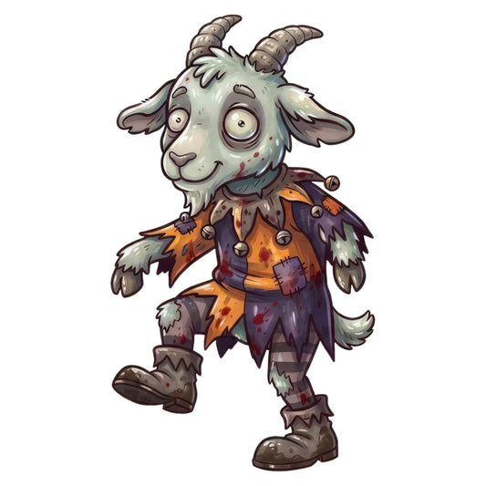 zombie goat, halloween, spooky, undead, creatures, monsters, horror, costume, tattered clothing, olive green, burnt orange, dark purple, brown, patched, stitched, whimsical, playful, quirky, cute creepy, fantasy characters, character design, autumn, fall, novelty, children's, kids theme, adventurous, mischievous, magical creatures