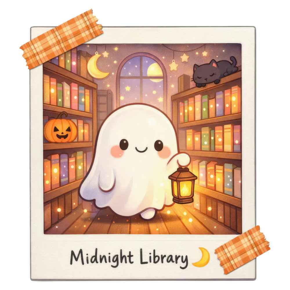 ghost, halloween, midnight library, cute, whimsical, autumn, fall, spooky, children's, pumpkin, black cat, stars, moon, crescent moon, lantern, books, bookshelf, library, warm orange, cream, soft purple, cozy, vintage, nostalgic, magical, literary, reading, bedtime story, night sky, golden yellow