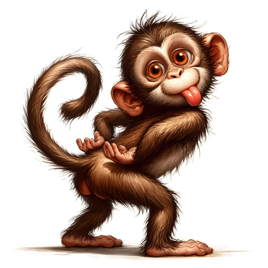 monkey, brown, tan, cream, playful, whimsical, animal, primate, children, kids, cartoon, cute, funny, tongue out, expressive, cheerful, fun, lighthearted, nursery, baby, juvenile, humorous, character, illustration, goofy, mischievous, tail, zoo animals, wildlife, friendly