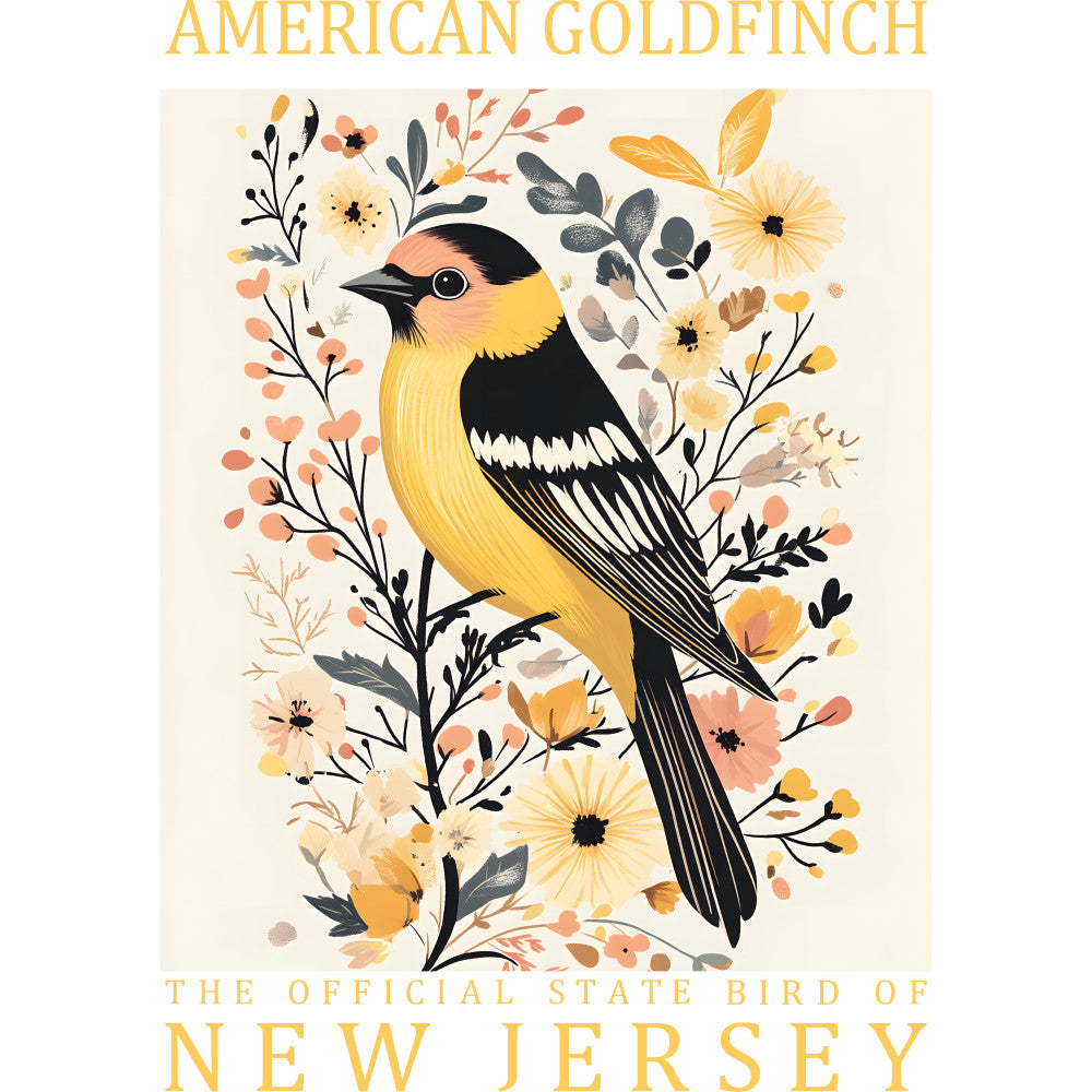 american goldfinch, state bird, new jersey, yellow bird, black wings, coral flowers, botanical illustration, nature art, fabric panel, quilting cotton, floral background, bird watching, wildlife design, golden yellow, peachy pink, sage green, vintage style, ornithology theme, spring flowers, decorative panel