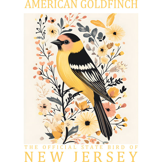 american goldfinch, state bird, new jersey, yellow bird, black wings, coral flowers, botanical illustration, nature art, fabric panel, quilting cotton, floral background, bird watching, wildlife design, golden yellow, peachy pink, sage green, vintage style, ornithology theme, spring flowers, decorative panel