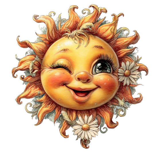 sun face, golden yellow, burnt orange, cream, daisies, floral, whimsical, vintage, celestial, smiling sun, anthropomorphic, cheerful, retro, spring, summer, nature-inspired, decorative panel, wall hanging, baby quilt, nursery, storybook illustration, botanical, curled rays, whimsy, cottage core, nostalgic, folk art, sunshine theme, happy face, orange and yellow