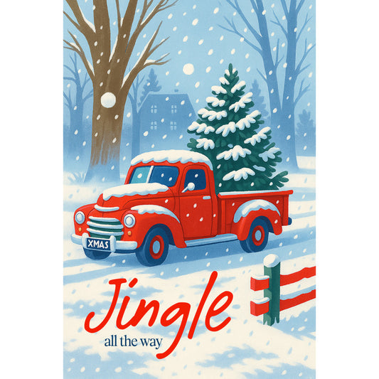 red truck, christmas tree, winter scene, snow falling, vintage pickup, holiday fabric, quilting panel, evergreen tree, snowy landscape, bare trees, blue sky, white snow, festive design, winter wonderland, christmas motif, fabric panel, seasonal print, holiday quilting, winter truck, christmas decoration