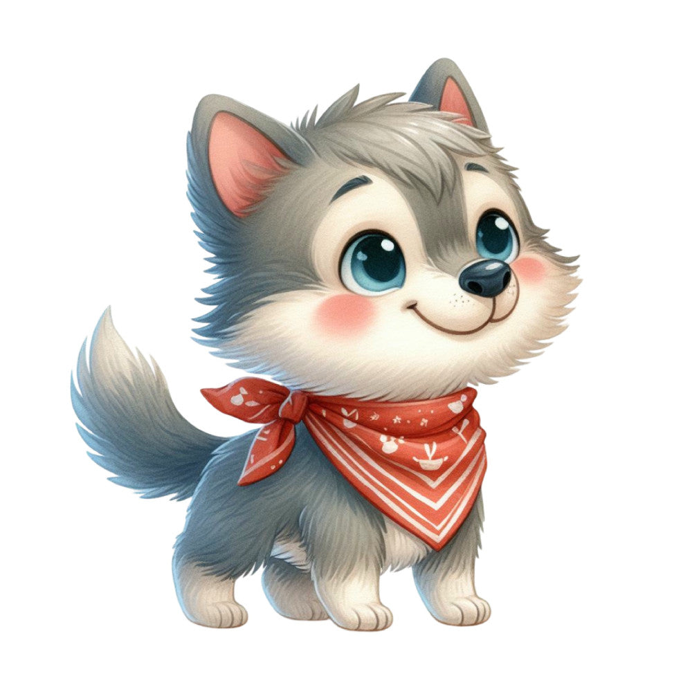 cute puppy, dog, gray and white, slate blue, coral pink, red bandana, whimsical, children's, baby, animal character, kawaii, friendly, playful, cartoon style, nursery, adorable pet, smiling dog, big eyes, fluffy, long tail, bandana print, striped pattern, star motif, modern whimsical, kids fabric, baby quilt, wall hanging, sweet character, cheerful, innocent