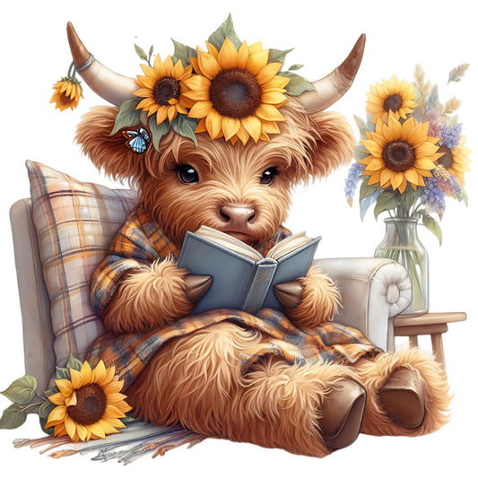 Sunflower Highland Cows Fabric Panel 30 featuring a cute highland cow reading with sunflowers in a cozy setting.