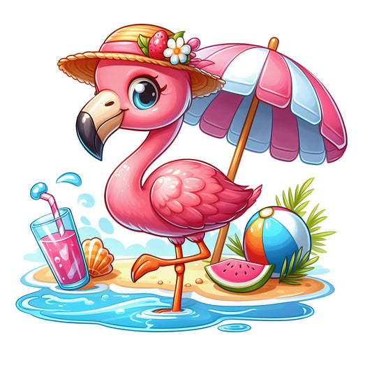 pink flamingo, summer beach scene, tropical umbrella, watermelon slice, beach ball, cartoon style, bright pink, turquoise blue, orange accents, whimsical design, fabric panel, quilting cotton, children's fabric, summer theme, tropical birds, beach accessories, cute animals, vibrant colors, playful illustration, kawaii style