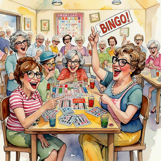 vintage bingo, retro 1950s, mid-century, grandma game night, ladies social gathering, nostalgic, whimsical, humorous, fun novelty, cream, pastel pink, soft yellow, sage green, dusty blue, coral red, glasses, hairstyles, smiling faces, bingo cards, bingo game, leisure activity, social games, cheerful, playful, kitsch, americana, retro kitchen, wall hanging, panel fabric, conversational print
