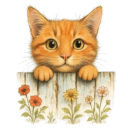 orange tabby cat, ginger cat, cat with flowers, whimsical cat, cute cat, animal illustration, flower garden, wildflowers, cottage style, farmhouse, rustic wood fence, weathered fence, orange flowers, yellow flowers, pink flowers, golden yellow, burnt orange, cream, soft green, spring, summer, nature-inspired, folk art, vintage style, sweet illustration, garden theme, cat lover, floral arrangement, detailed illustration