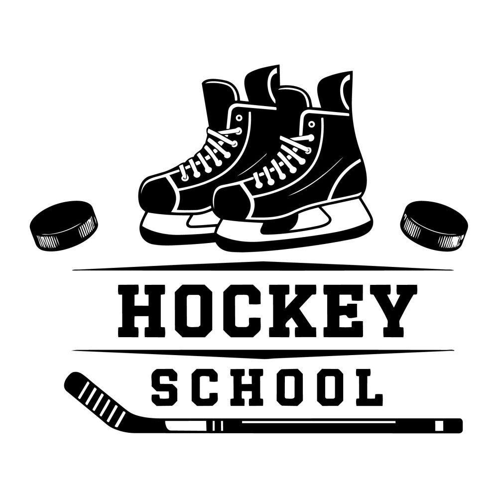 hockey school, ice hockey, sports, black and white, monochrome, silhouette, geometric, modern, athletic, skates, hockey puck, hockey stick, vintage sports, retro, boys, men, sports theme, winter sports, team sports, recreation, hobby, graphic, bold, contemporary, school spirit, sports equipment, line art, illustration
