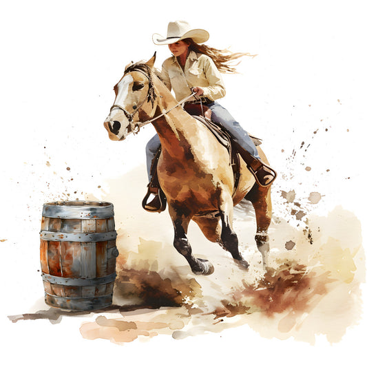 cowgirl, western, barrel racing, rodeo, horse, equestrian, cream, tan, brown, rust, terracotta, watercolor, splatter, abstract, rustic, vintage, country, farmhouse, wild west, action, dynamic, western wear, equine, sport, traditional, earthy tones, americana, dust, motion blur, western art