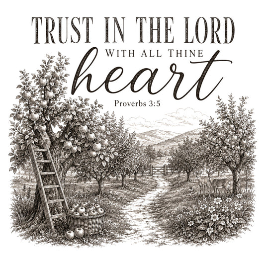 black and white, engraving, orchard, fruit trees, apples, harvest, rustic, farmhouse, vintage, botanical, scripture, inspirational, religious, spiritual, nature, pastoral, landscape, countryside, traditional, elegant, sepia tone, engraved, detailed illustration, faith-based, proverbs, garden, autumn harvest, wall hanging, cream background