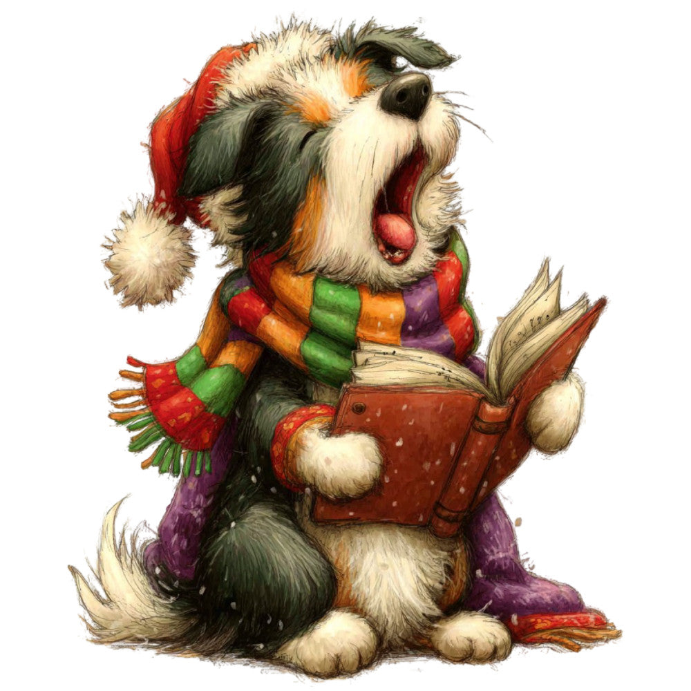 christmas, holiday, dog, puppy, shih tzu, festive, whimsical, cute, charming, red, green, orange, purple, multi-color, colorful, reading, book, santa hat, striped scarf, winter, seasonal, children's, storybook, illustration, decorative, cheerful, family-friendly, gift fabric