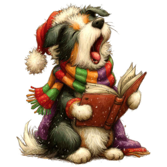 christmas, holiday, dog, puppy, shih tzu, festive, whimsical, cute, charming, red, green, orange, purple, multi-color, colorful, reading, book, santa hat, striped scarf, winter, seasonal, children's, storybook, illustration, decorative, cheerful, family-friendly, gift fabric