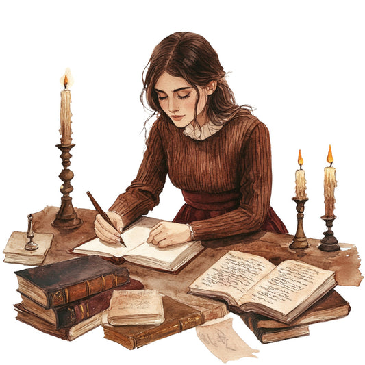 vintage writing, candles, books, brown, rust, terracotta, cream, scholarly, literary, steampunk, victorian, historical, reading, study, antique, elegant, nostalgic, retro, ink and quill, candlelit, intellectual, academia, period piece, classic literature, manuscript, educational, timeless, traditional, sepia tone, quill pen