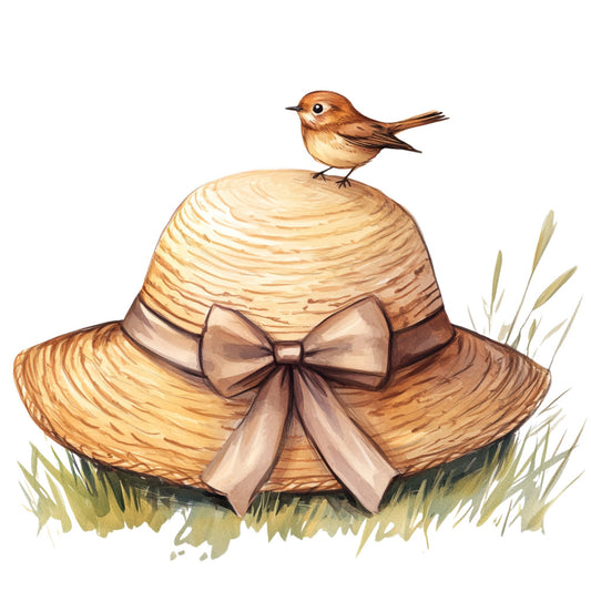 straw hat, bird, brown, tan, cream, beige, sage green, moss green, bow, ribbon, nature, animal, whimsical, vintage, rustic, springtime, summer, pastoral, garden, countryside, cottage core, farmhouse, elegant, charming, decorative bird, perched, natural tones, earth tones, peaceful, serene