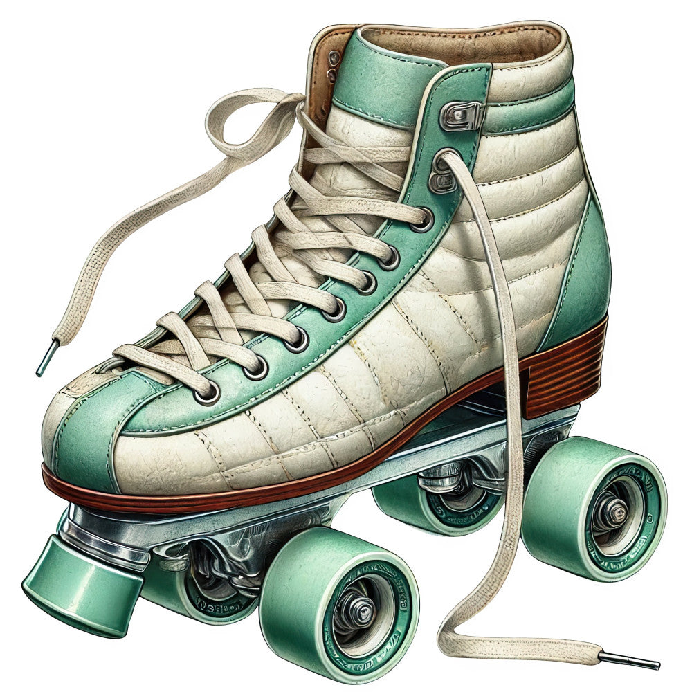 mint green, cream, sage green, vintage, roller skate, retro, 1970s, nostalgic, whimsical, sports, recreational, wheels, lace-up boots, turquoise, tan, brown, pastel, playful, fun, leisure, skate shoes, quad skates, decorative art, illustration style, hobbies, activities, youth culture