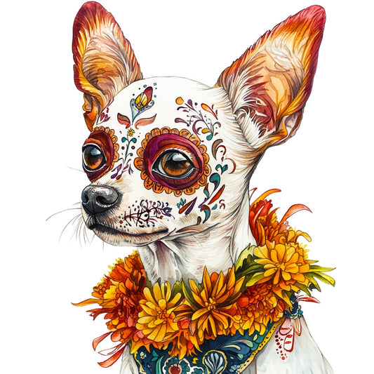 chihuahua, sugar skull, day of the dead, dia de muertos, dog portrait, white, cream, rust orange, golden yellow, burgundy red, purple, teal, folk art, floral, decorative flowers, whimsical, bohemian, mexican inspired, ornamental, marigolds, daisies, painted design, artistic, vibrant, animal lover, pet themed, boho, spiritual, colorful, nature inspired