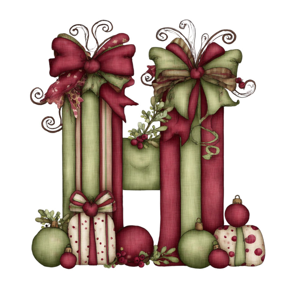 burgundy, wine red, sage green, olive green, cream, festive, holiday, christmas, bows, ribbons, ornaments, baubles, berries, scrolls, decorative letters, vintage, elegant, whimsical, traditional, ornamental, seasonal, gift-themed, striped, nature-inspired, dimensional, textile art, wall hanging, home decor, festive decoration