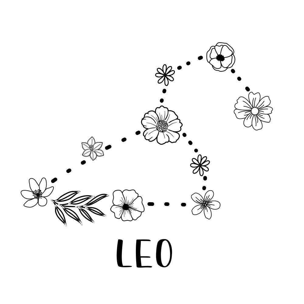 zodiac, leo, astrology, floral, flowers, botanical, line drawing, black and white, monochrome, nature, constellation, horoscope, whimsical, celestial, stars, daisies, wildflowers, outlined, sketch style, minimalist, modern, decorative, spring, summer, boho, bohemian, romantic, garden themed
