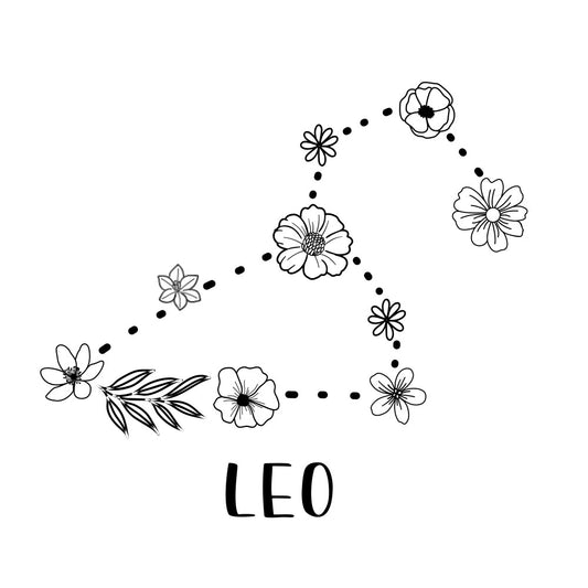 zodiac, leo, astrology, floral, flowers, botanical, line drawing, black and white, monochrome, nature, constellation, horoscope, whimsical, celestial, stars, daisies, wildflowers, outlined, sketch style, minimalist, modern, decorative, spring, summer, boho, bohemian, romantic, garden themed