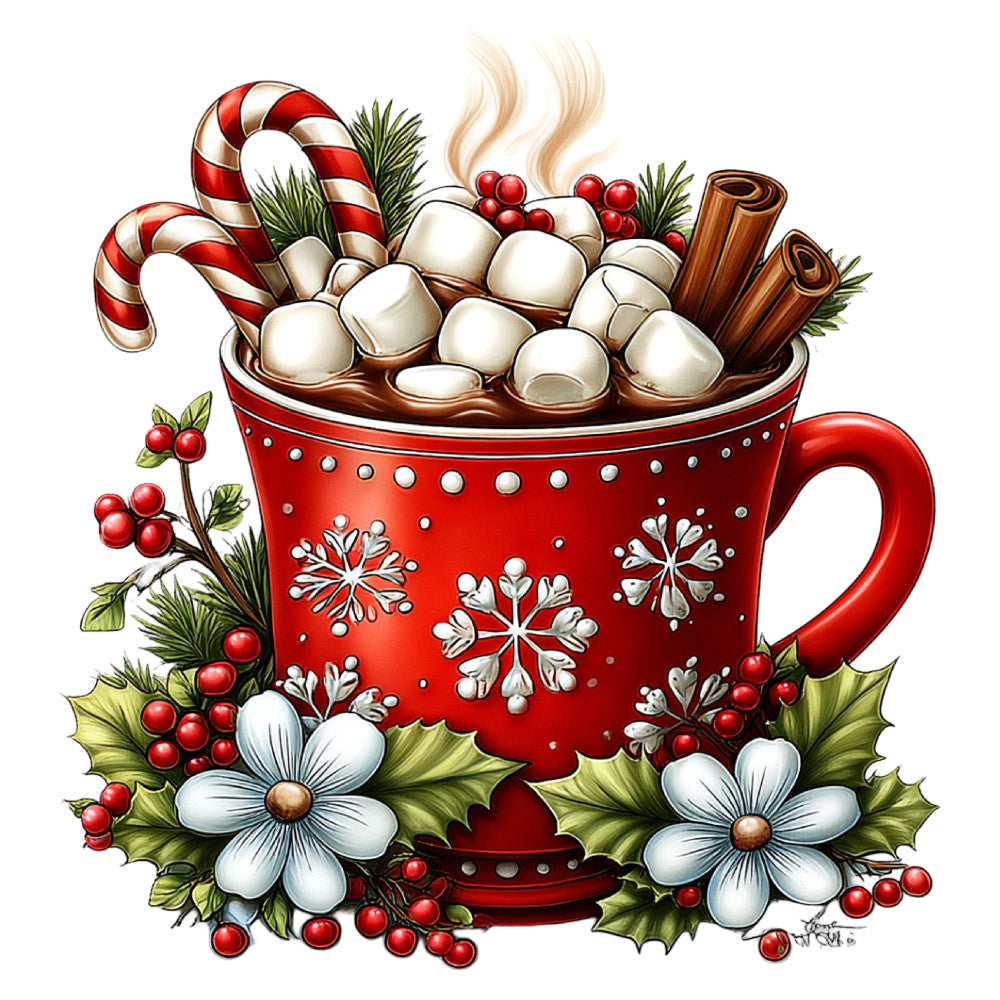 red, cream, white, green, gold, festive, holiday, christmas, winter, hot chocolate, marshmallows, candy canes, cinnamon sticks, holly berries, snowflakes, floral, botanical, seasonal, cozy, whimsical, traditional, vintage, decorative, cocoa themed, winter beverages, comfort, cheerful, elegant, rustic, mug design
