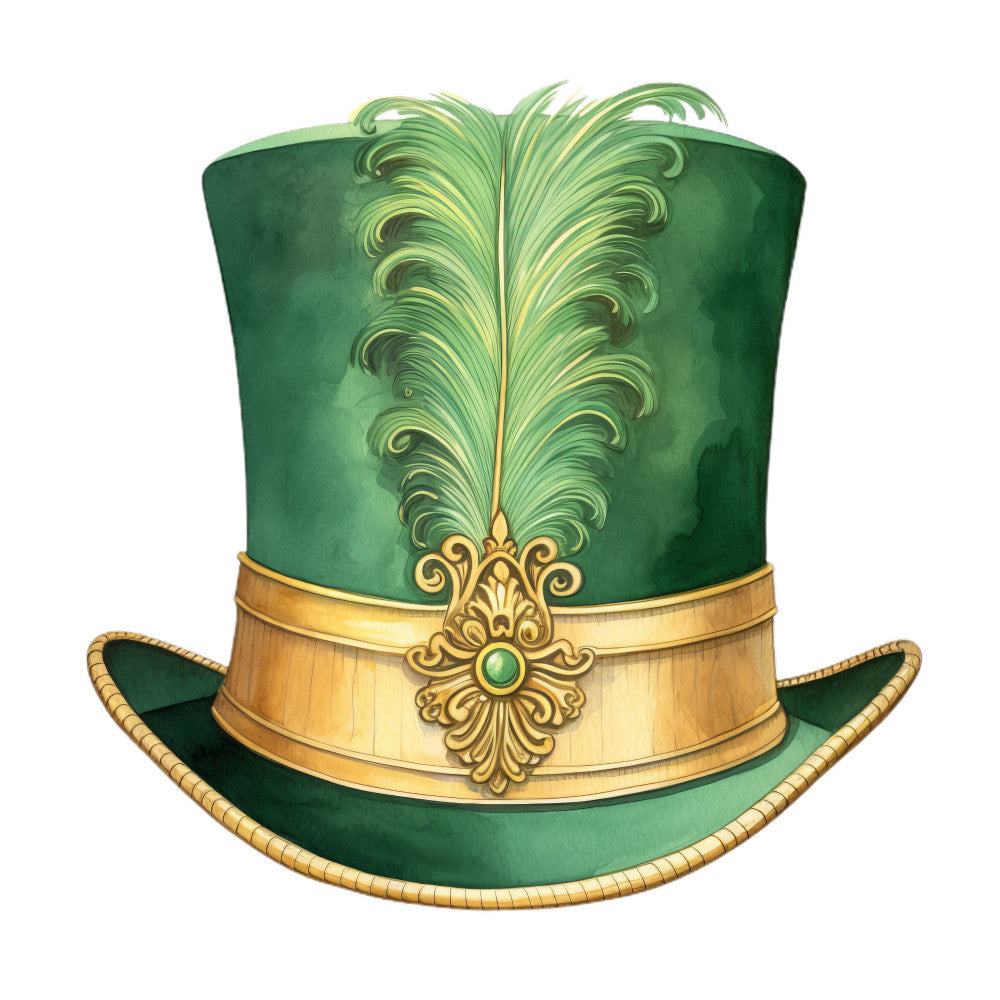 forest green, gold, emerald green, sage green, vintage, elegant, whimsical, lucky charms, leprechaun hat, st. patrick's day, irish, feathers, plume, ornamental, decorative, top hat, formal wear, holiday, spring, fantasy, magical, steampunk, victorian, baroque, gold trim, jewel tone, irish green, spring green, festive