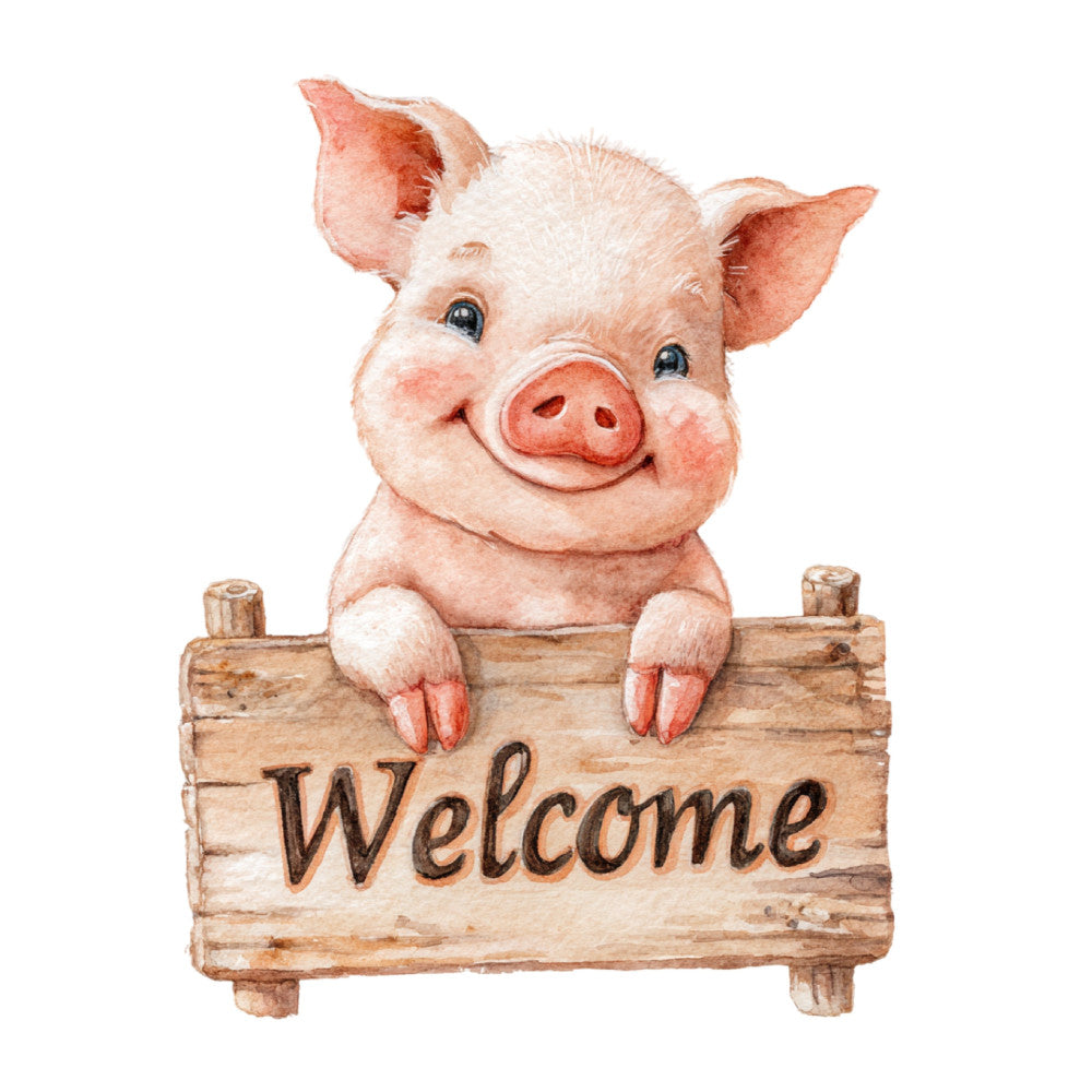 pig, farm animals, farmhouse, welcome sign, cute animals, rustic, cottage core, pastoral, countryside, cream, coral pink, peachy pink, tan, natural wood, whimsical, charming, animal illustration, barnyard, country style, nursery, baby quilt, wall hanging, home decor, cheerful, friendly, smiling pig, wooden sign, vintage style, folk art