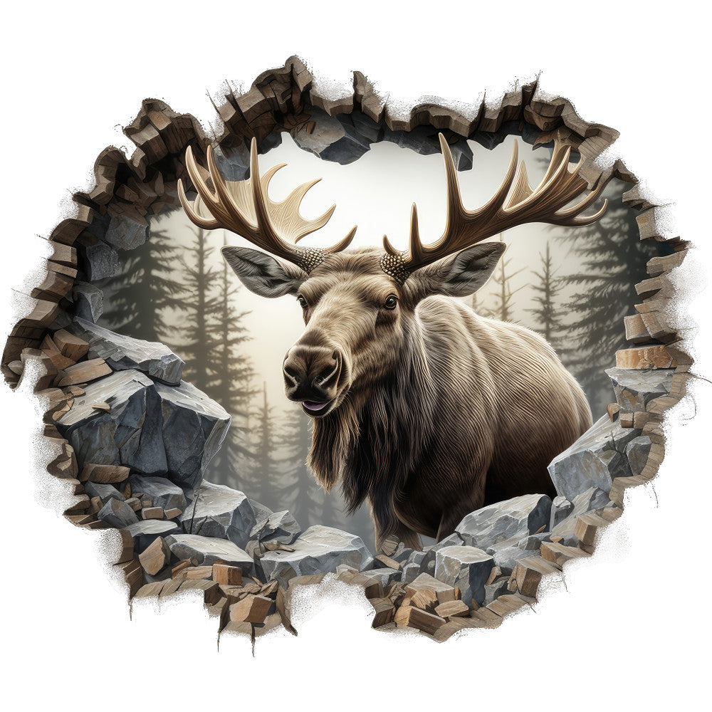 moose, antlers, wildlife, breaking through, stone wall, rocky terrain, brown tones, beige, gray stones, evergreen trees, forest background, 3d effect, trompe l'oeil, fabric panel, quilting cotton, realistic artwork, nature scene, masculine design, outdoor theme, broken wall illusion