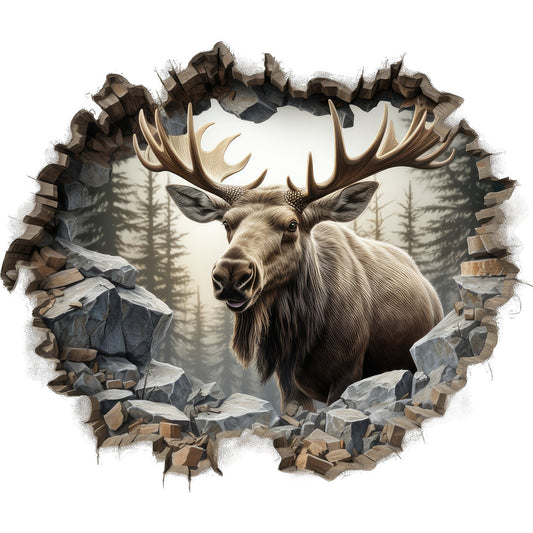 moose, antlers, wildlife, breaking through, stone wall, rocky terrain, brown tones, beige, gray stones, evergreen trees, forest background, 3d effect, trompe l'oeil, fabric panel, quilting cotton, realistic artwork, nature scene, masculine design, outdoor theme, broken wall illusion