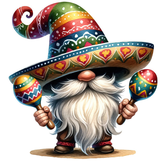 mexican gnome, colorful sombrero, white beard, maracas, festive patterns, bright colors, red, green, yellow, blue, orange, heart motifs, polka dots, zigzag designs, whimsical character, folk art style, fabric panel, quilting cotton, cinco de mayo, fiesta theme, cultural celebration